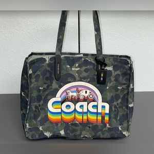 COACHField 42 Signature Logo Rainbow Camouflage Horse & Carriage Canvas Tote Bag